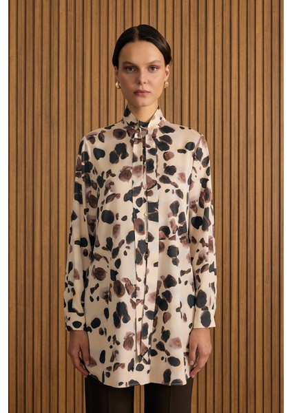 Ekru Desenli Yakası Bağlama Bant Detaylı Tunik fiyatları