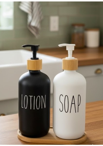 Doğal Bambu Standlı Ikili Seramik Sabunluk Seti – Mutfak ve Banyo Tezgah Üstü Sıvı Sabun Dispanseri