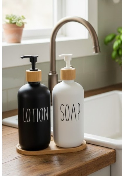 Doğal Bambu Standlı Ikili Seramik Sabunluk Seti – Mutfak ve Banyo Tezgah Üstü Sıvı Sabun Dispanseri modelleri