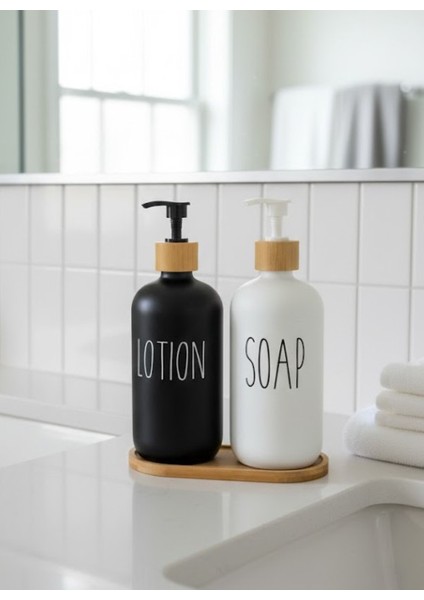 Doğal Bambu Standlı Ikili Seramik Sabunluk Seti – Mutfak ve Banyo Tezgah Üstü Sıvı Sabun Dispanseri fırsatları