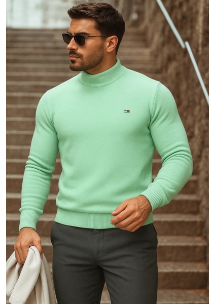 Erkek Yarım Boğazlı Premium Mint Triko Kazak