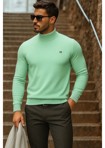 Erkek Yarım Boğazlı Premium Mint Triko Kazak modelleri