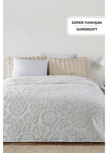 Maya 3 kg Embos Baskılı Battaniye Çift Kişilik Kalın Yumuşak 220X240 cm Krem Kırık Beyaz