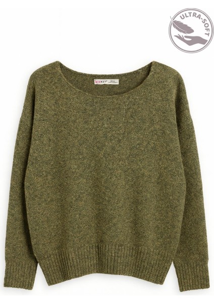 6995 Kadın Kayık Yaka Yün Karışımlı Triko Kazak Haki