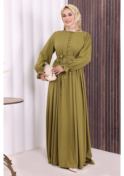 Düğme Detay Elbise 6055 Yağ Yeşili