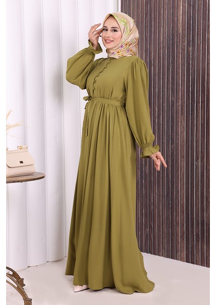 Düğme Detay Elbise 6055 Yağ Yeşili modelleri
