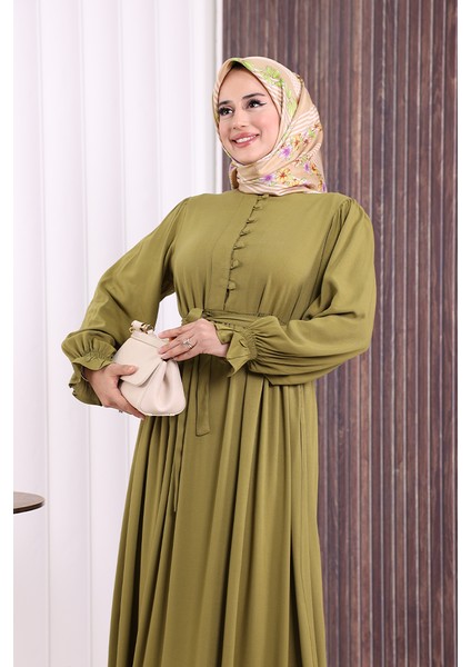 Düğme Detay Elbise 6055 Yağ Yeşili indirimleri