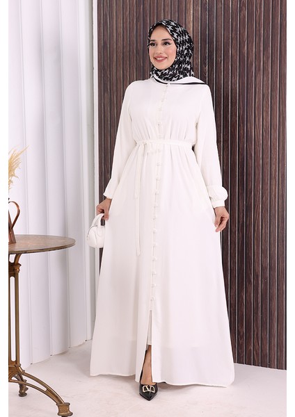 Boydan Düğmeli Ferace 6056 Ekru