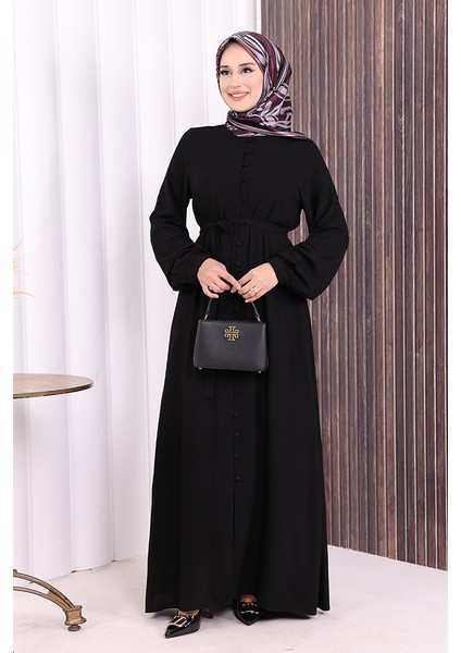 Boydan Düğmeli Ferace 6056 Siyah