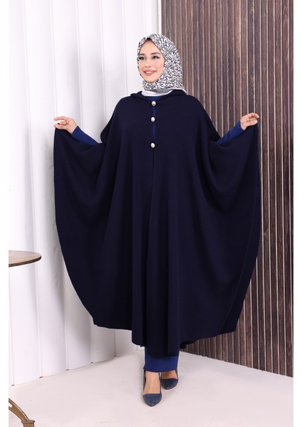 Düğmeli Kapşonlu Triko Panço 18342 Lacivert