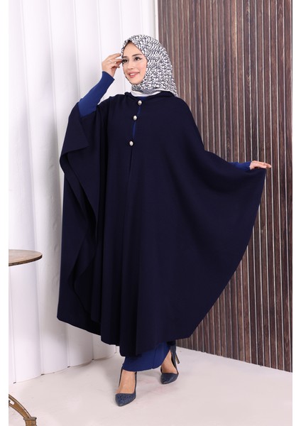 Düğmeli Kapşonlu Triko Panço 18342 Lacivert fiyatları