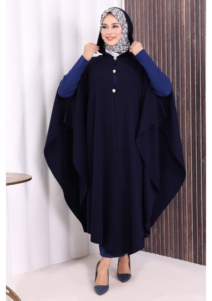 Düğmeli Kapşonlu Triko Panço 18342 Lacivert modelleri