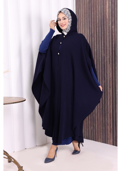 Düğmeli Kapşonlu Triko Panço 18342 Lacivert fırsatları