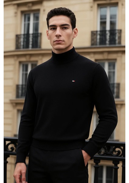 Erkek Trend Kışlık Yarım Boğazlı Siyah Triko Kazak fiyatları