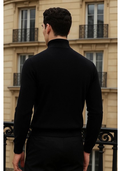 Erkek Trend Kışlık Yarım Boğazlı Siyah Triko Kazak
