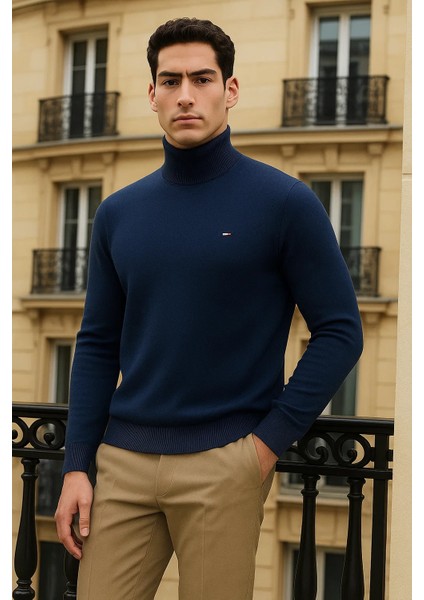 Erkek Trend Kışlık Yarım Boğazlı Lacivert Triko Kazak modelleri