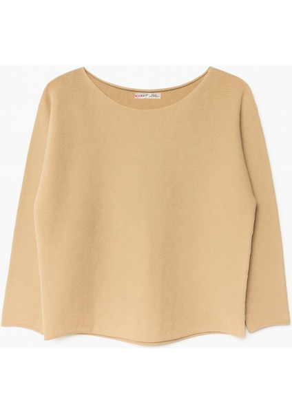 7008 Kadın Basic Kayık Yaka Yumuşak Dokulu Kazak Camel