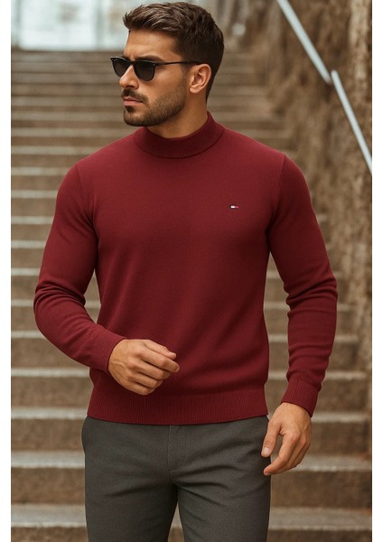 Erkek Yarım Boğazlı Premium Bordo Triko Kazak