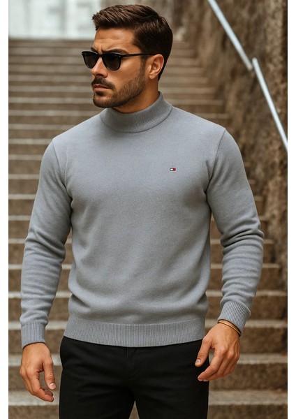 Erkek Yarım Boğazlı Premium Gri Triko Kazak