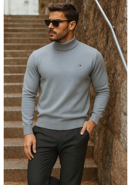 Erkek Yarım Boğazlı Premium Gri Triko Kazak modelleri