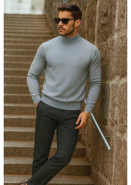 Erkek Yarım Boğazlı Premium Gri Triko Kazak fırsatları