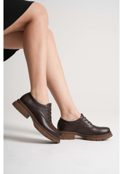 Kadın Hakiki Deri Bağcıklı Oxford Ayakkabı - Kahve