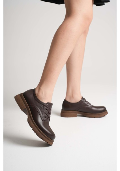 Kadın Hakiki Deri Bağcıklı Oxford Ayakkabı - Kahve fiyatları