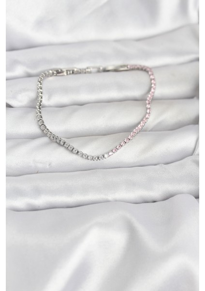 Pembe ve Beyaz Zirkon Taşlı Gümüş Renk Su Yolu Kadın Bileklik