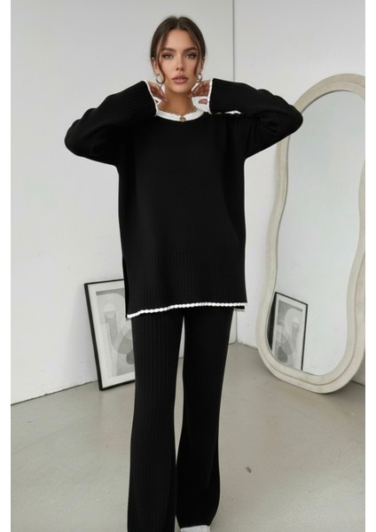 Yan Yırtmaç Detaylı Çoban Dikişli Ikili Triko Takım - Siyah