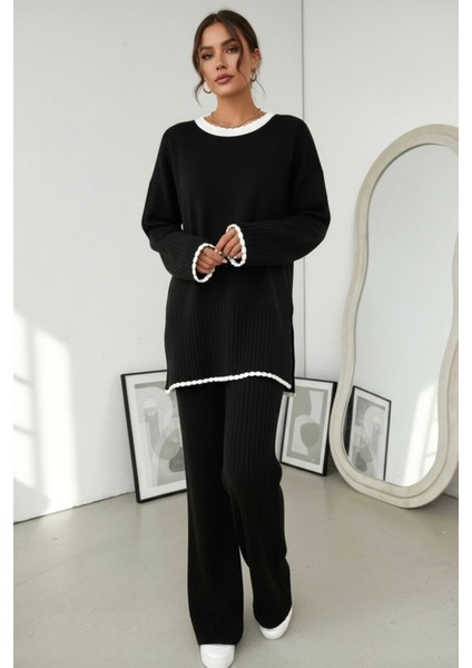 Yan Yırtmaç Detaylı Çoban Dikişli Ikili Triko Takım - Siyah fiyatları