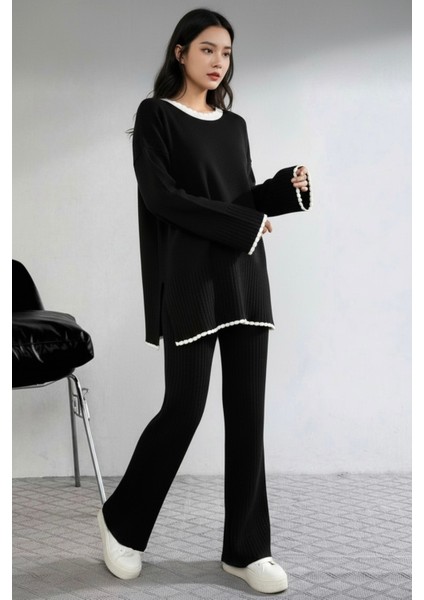 Yan Yırtmaç Detaylı Çoban Dikişli Ikili Triko Takım - Siyah modelleri