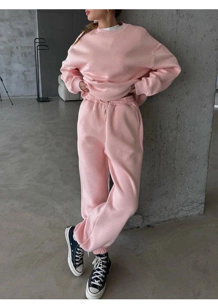 3 Iplik Şardonlu Lastik Paça Eşofman Pembe P510439