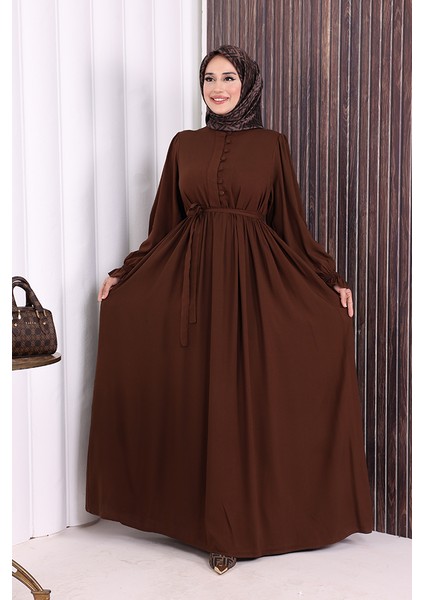Düğme Detay Elbise 6055 Kahverengi