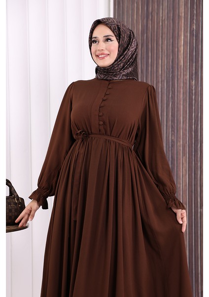 Düğme Detay Elbise 6055 Kahverengi indirimleri