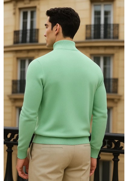 Erkek Trend Kışlık Yarım Boğazlı Mint Triko Kazak