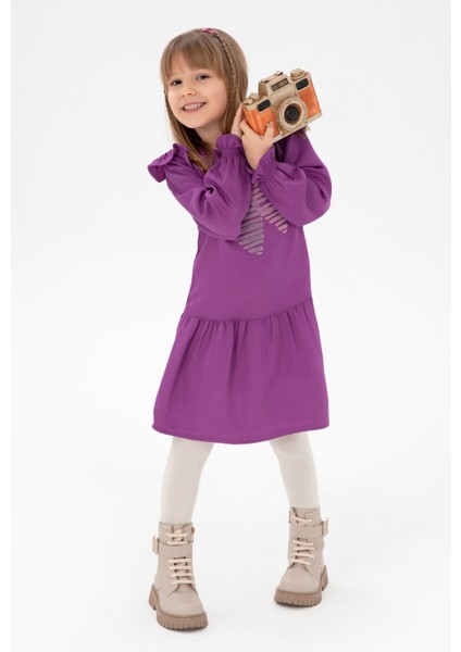 Kız Çocuk Menekşe Kalp Işlemeli Omuz Detaylı Dokuma Elbise