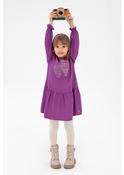 Kız Çocuk Menekşe Kalp Işlemeli Omuz Detaylı Dokuma Elbise fiyatları