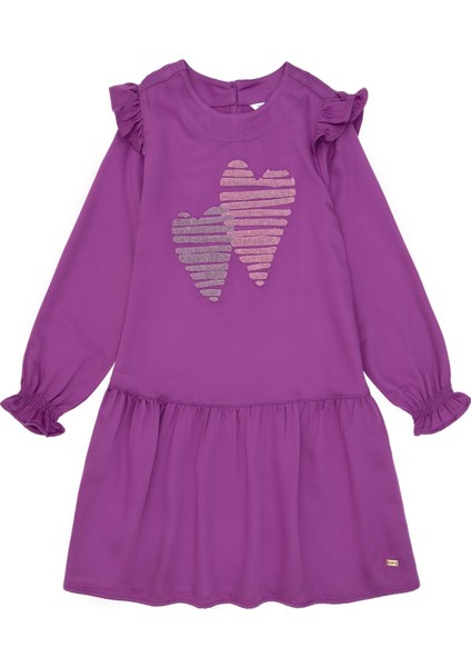 Kız Çocuk Menekşe Kalp Işlemeli Omuz Detaylı Dokuma Elbise modelleri