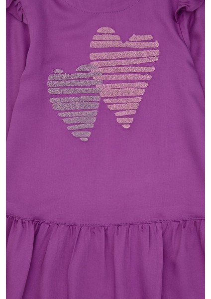 Kız Çocuk Menekşe Kalp Işlemeli Omuz Detaylı Dokuma Elbise indirimleri