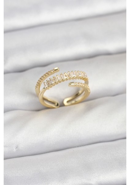 Pirinç Gold Renk Sıralı Baget Zirkon Taşlı Kadın Yüzük