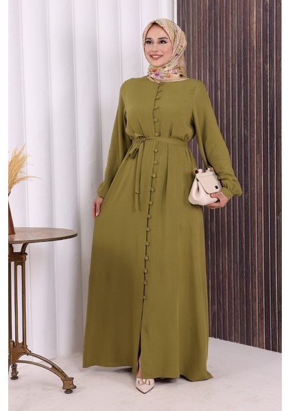 Boydan Düğmeli Ferace 6056 Yağ Yeşili