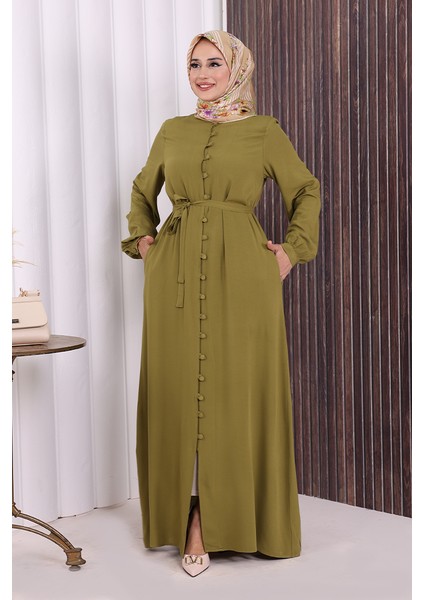 Boydan Düğmeli Ferace 6056 Yağ Yeşili modelleri