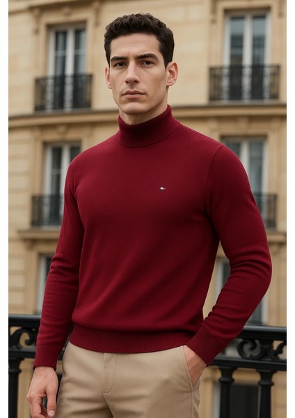 Erkek Trend Kışlık Yarım Boğazlı Bordo Triko Kazak fiyatları