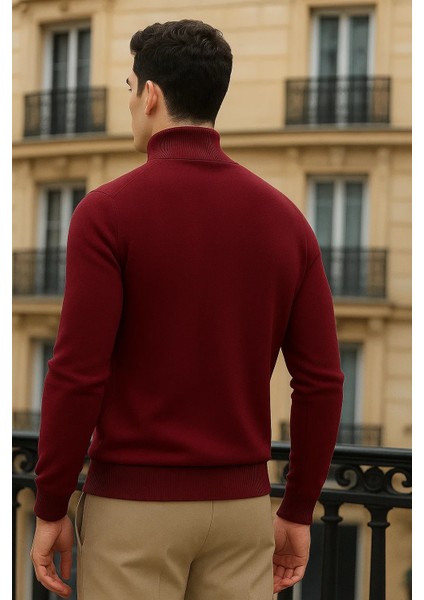 Erkek Trend Kışlık Yarım Boğazlı Bordo Triko Kazak