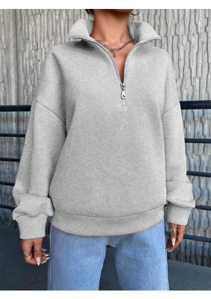 3 Iplik Şardonlu Yarım Fermuarlı Sweatshirt Gri