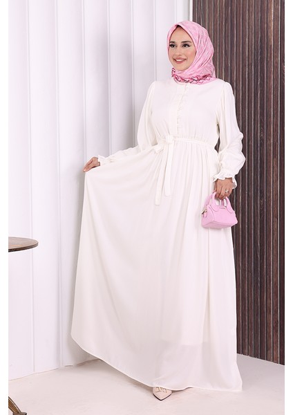 Düğme Detay Elbise 6055 Ekru