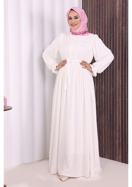 Düğme Detay Elbise 6055 Ekru modelleri