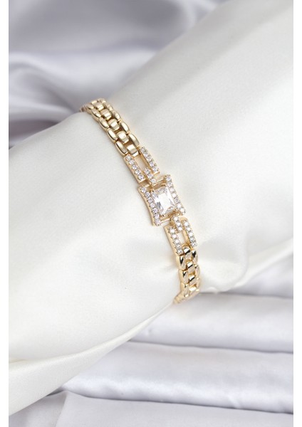 14K Gold Renk Kaplama Zirkon Kare Taşlı cm Kadın Bileklik