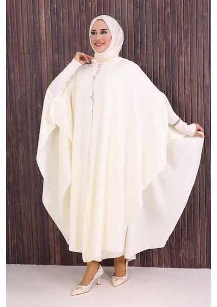 Düğmeli Kapşonlu Triko Panço 18342 Ekru