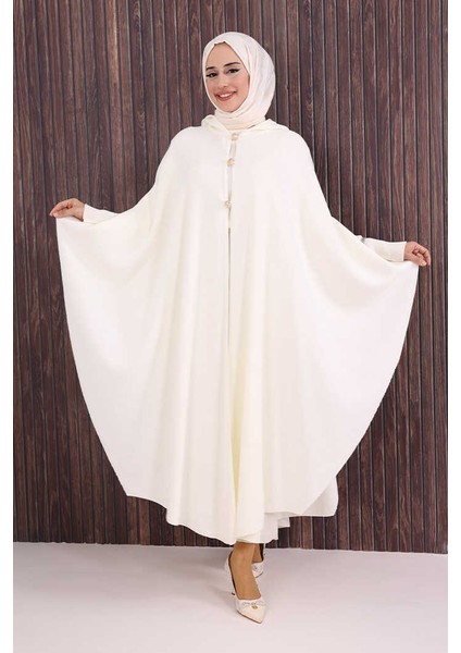 Düğmeli Kapşonlu Triko Panço 18342 Ekru fiyatları